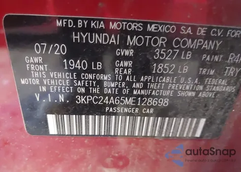 2021 Hyundai Accent Se z USA, uszkodzony, nr VIN 3KPC24A65ME128698